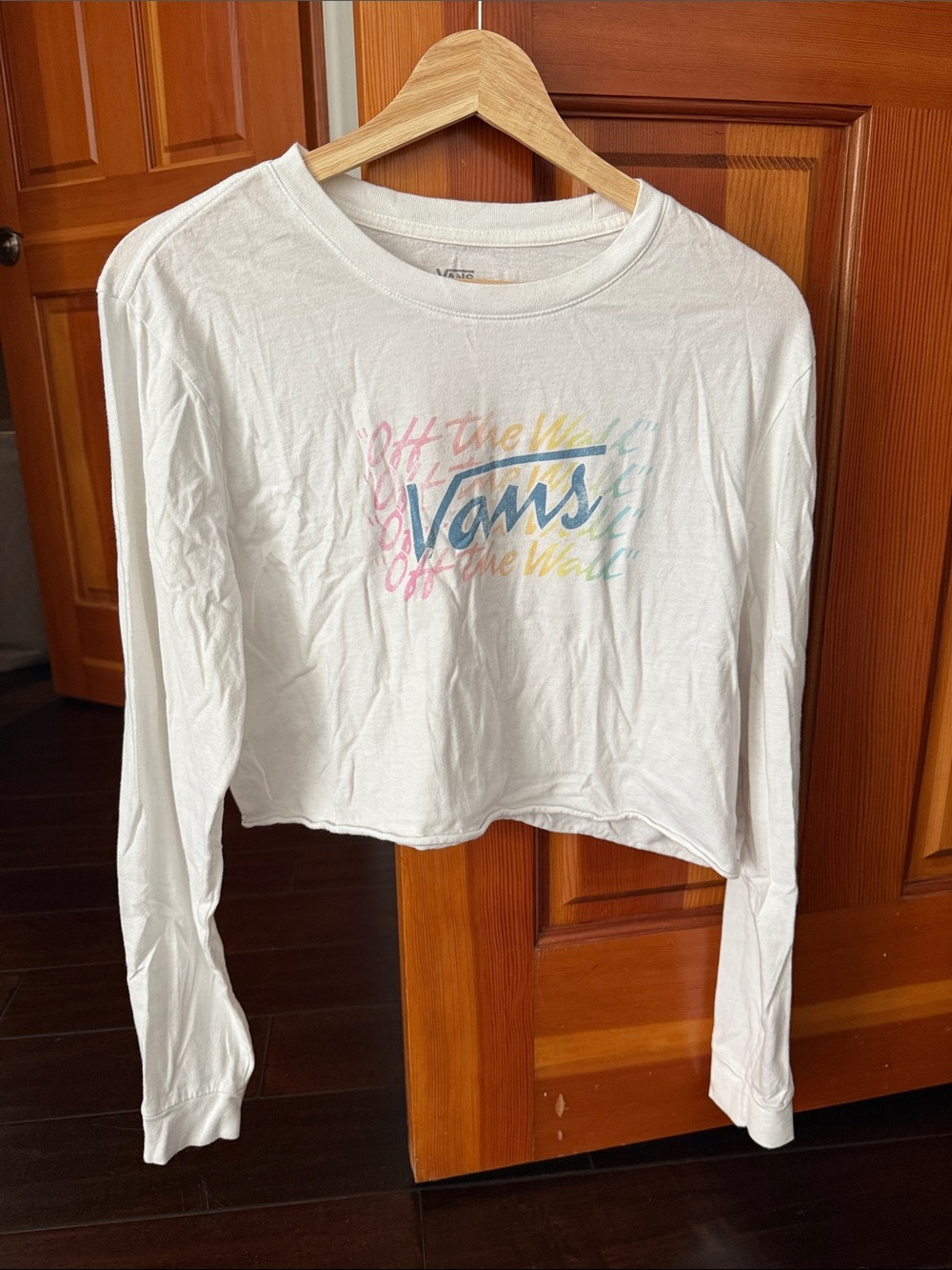 Vans White Long-Sleeve Crop Tee with Pastel Multicolor Logo